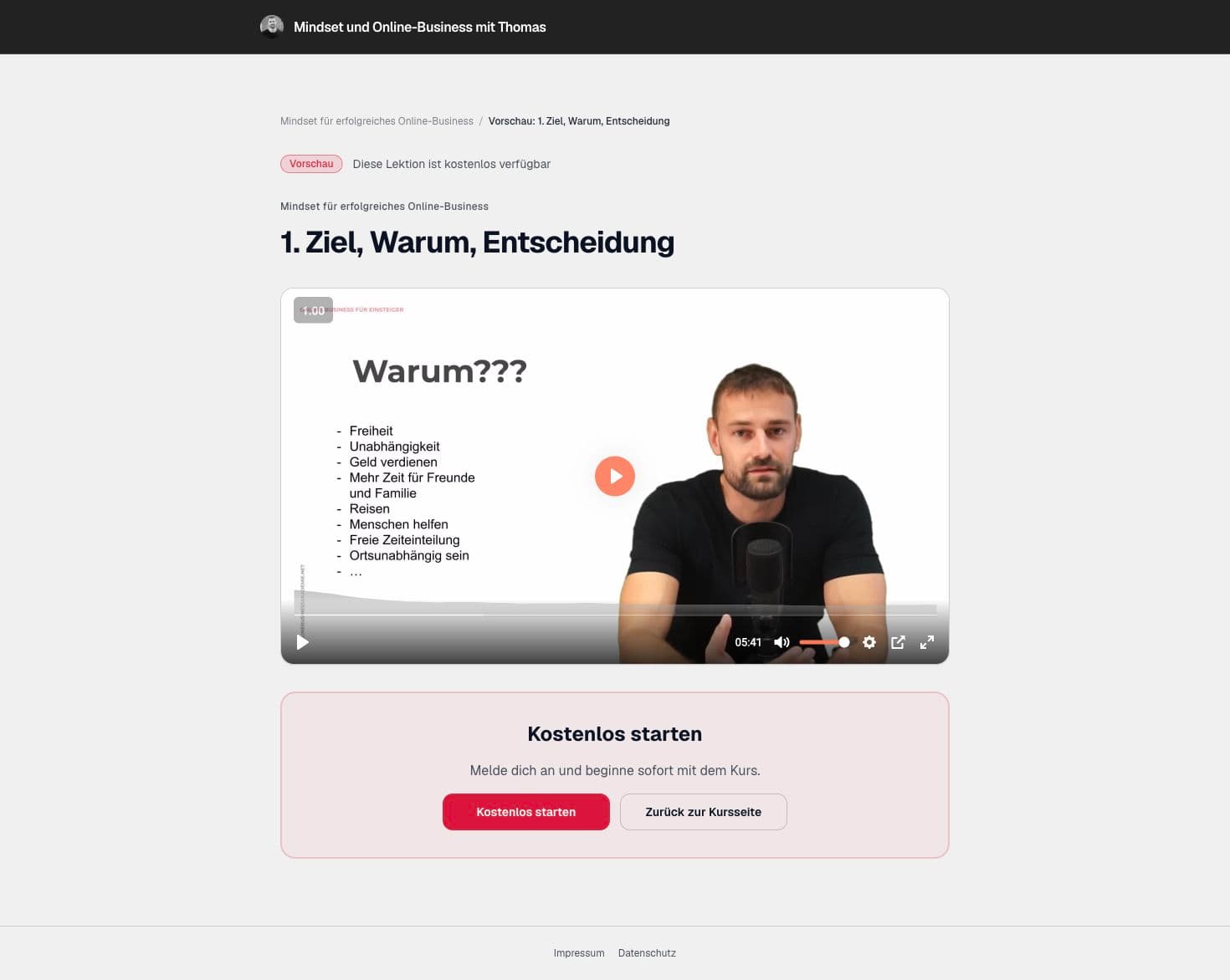 Teilnehmeransicht der Videolektion Ziel, Warum, Entscheidung im Mindset-Beispielkurs