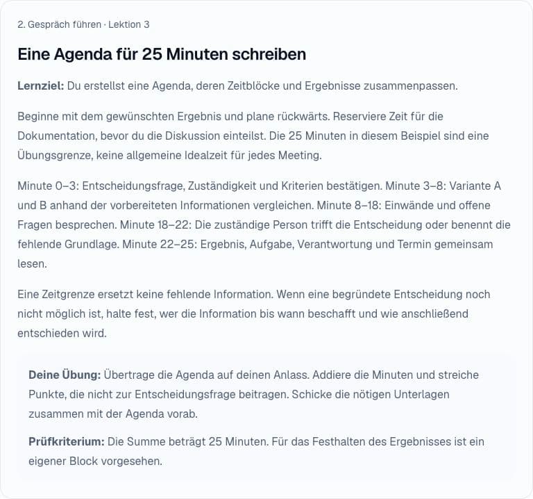Ausschnitt der öffentlichen Beispiellektion: Agenda mit Zeitblöcken, Übung und Prüfkriterium